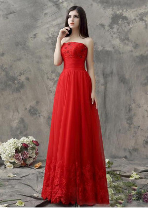 Strapless Beaded Red Lace Tulle Contemporary Evening Dress